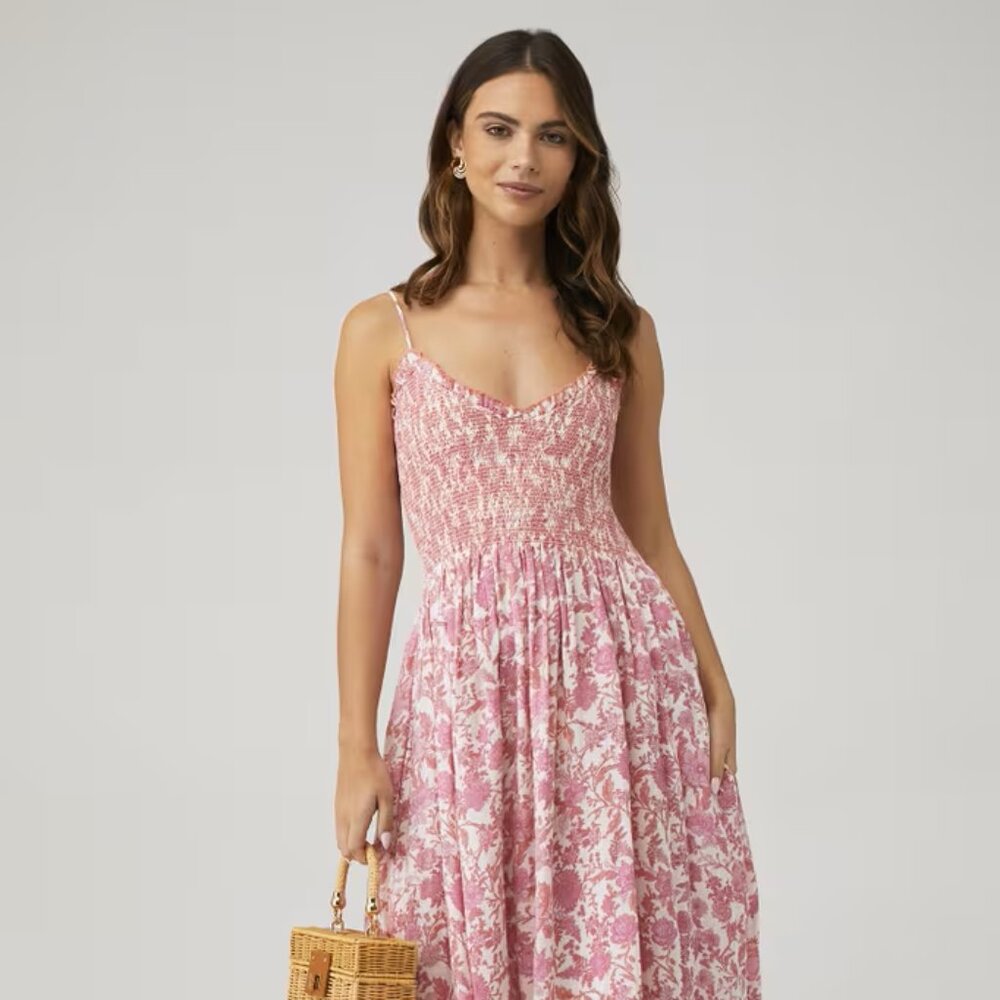 Free People Women's Sweet Nothings Midi Dress Spaghetti strap pink print